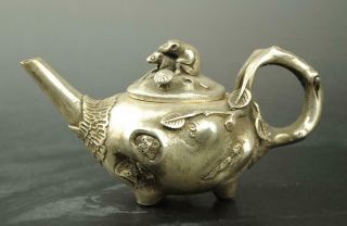 Chinese Old Copper Plating Silver Engraving Squirrel Teapot / Qianlong Mark D01