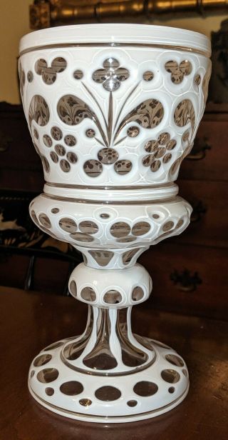 Antique Cut Glass White Overlay Chalice Pokal Large Goblet 19th Century
