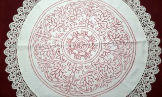 Vintage Hand Embroidered Round Tablecloth - 32  Red White Floral