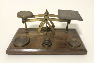 Antique Vintage Brass Postal Letter Weighing Scales With Weights