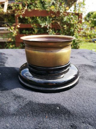 Vintage Antique Black Ceramic & Drop In Brass Round Oil Lamp Base