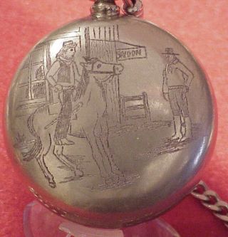 Wild West Sheriff Horse Showdown Dodge Saloon Vintage Engraved Pocket Watch