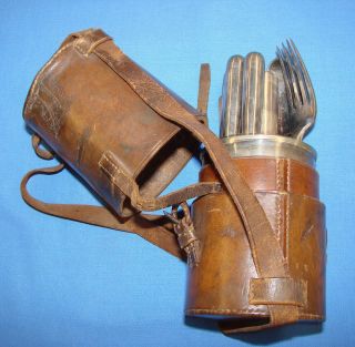 VERY RARE BRITISH OFFICER ' S MESS KIT - EATING UTENSILS IN LEATHER CASE 3