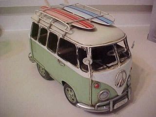 Vintage Vw Volkswagen Van Bus Tin Metal With Surfboard Home Decorative -