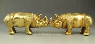A pair Chinese old fengshui copper hand engraving rhinoceros Rhino statue f01 2