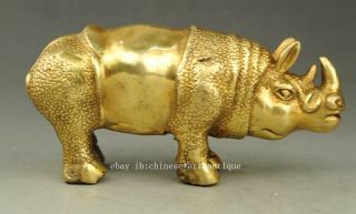 A pair Chinese old fengshui copper hand engraving rhinoceros Rhino statue f01 5