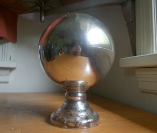 Antique 1800s Silver Mercury Glass Mirror Gazing Witch Ball On Stand Hand Blown