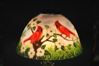 11 - 5/8 " Hand Painted " Reverse " Painted Cardinals & Flower Glass Shade