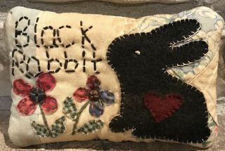 Primitive Black Rabbit & Flowers Shelf Pillow - Made From Vintage Quilt