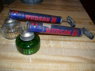 (a) Pair Antique Farm Primitive Hudson Fly Sprayers With Glass Bowls