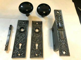 Set Art Craft Deco Eastlake Victorian Cast Iron Door Knobs Plates Lock Hardware