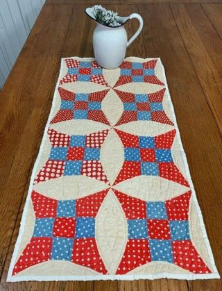 Patriotic 1930s Improved Nine Patch Table Quilt Runner 33 X 16 Red Blue Vintage
