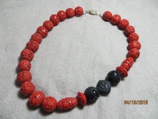 Vntg.  Chinese Real Natural Carved Cinnabar Bead Red/black Necklace Sterling Clasp