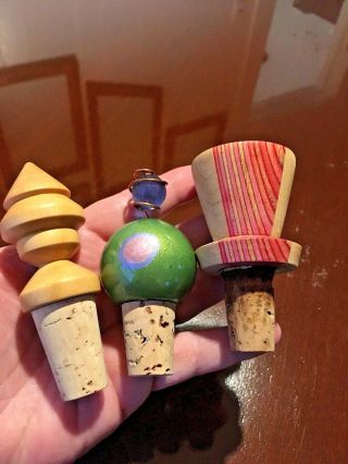 Wood & Modern Wine Bottle Stoppers Cork Toppers,  Set Of Three