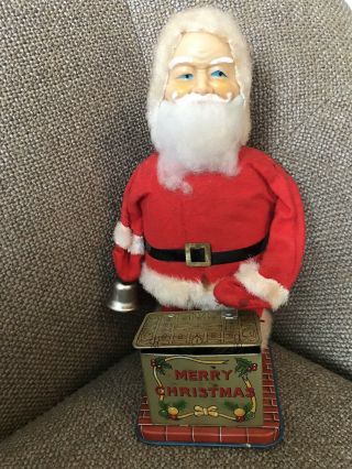 Vintage 60’s Santa Claus Tin Litho Wind Up Japan Opens Box Of Gift & Rings Bell