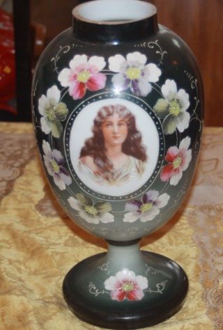 Vintage Large Bristol Opalene Glass Victorian Woman Portrait Vase 14 1/2 Inches