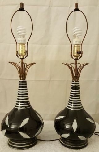 Vintage Modern Black Glass And White Hand Painted Lamp With Brass Base