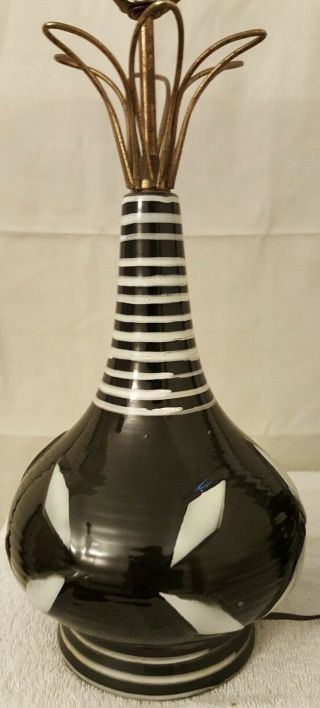 vintage modern Black glass and white hand painted lamp with brass base 4