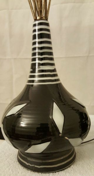 vintage modern Black glass and white hand painted lamp with brass base 5