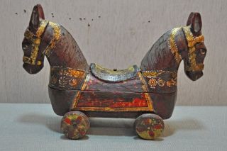 Old Collectible Hand Carved Painted Wooden 2 Headed Horse On Wheel Figurine Box