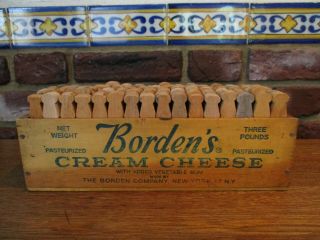 Vintage Primitive Wood Cheese Box,  110 Wooden Clothespins Farm House Laundry