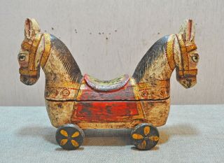 Vintage Hand Carved Painted Wooden Horse On Wheels Figurine Spice Box