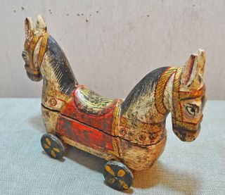 Vintage Hand Carved Painted Wooden Horse On Wheels Figurine Spice Box 2