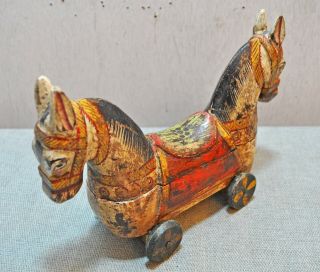 Vintage Hand Carved Painted Wooden Horse On Wheels Figurine Spice Box 3