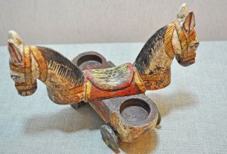 Vintage Hand Carved Painted Wooden Horse On Wheels Figurine Spice Box 5