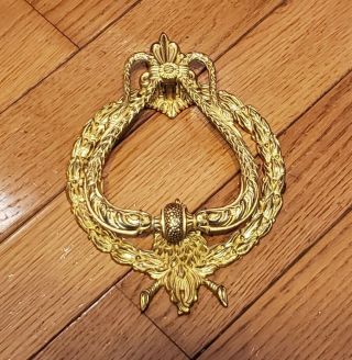 Vintage French Ornate Gilt Bronze Dore Door Knocker Double Swan Heads & Reef