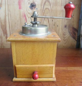 Antique Coffee Grinder Red Wood Knobs Solid Maple Made West Germany Adjustable