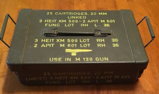 Vietnam Era Military 20mm Ammo Box M139 Gun 25 Cartridges