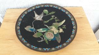 Cloisonne Black Plate,  Bird Design.  Large.  Brass.  Turquoise Underneath.  30.  4 Cm W