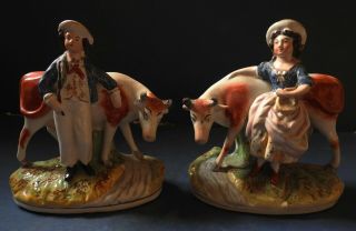 Victorian Staffordshire Pottery Figures - Milkmaid & Cowherd - 19th Cent