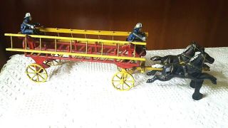 Vintage Cast Iron Horse Drawn Fire Ladder Wagon 2 Horses,  2 Ladders,  Two Firemen