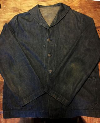 1930s 40s Usn Vintage Shawl Collar Denim Deck Jacket - Wwii Rare U.  S.  Navy Jeans