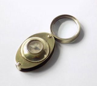 ANTIQUE MINIATURE BRASS COMBINED COMPASS & LOUPE,  MAGNIFYING GLASS.  OPTICAL.  FOB 5