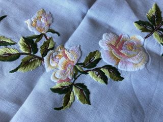 Striking Vintage Floral Hand Embroidered Med Square White Irish Linen Tablecloth