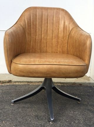 1 Mid Century Modern Vinyl Swivel Bucket Chair Caramel Colored Vinyl Aluminum