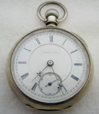 Antique 18s Peoria Watch Co 15 Jewel Anti Magnetic 3oz Coin Silver Pocket Watch