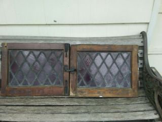 Vintage Stained Glass Window/ Door Leaded Purple Antique Architectural Hardware