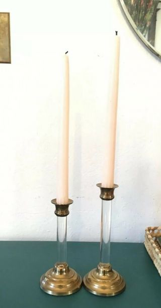 Vtg Set 2 Mcm Gatco Solid Brass & Lucite / Arcylic Candle Sticks Graduated Size