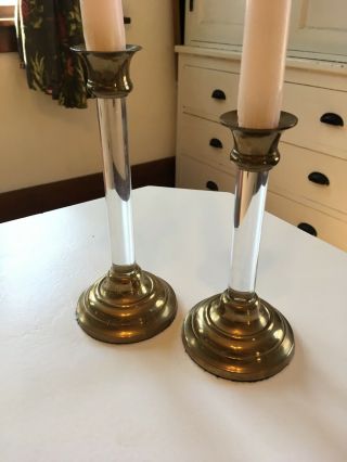 Vtg Set 2 MCM Gatco Solid Brass & Lucite / Arcylic Candle Sticks Graduated Size 2