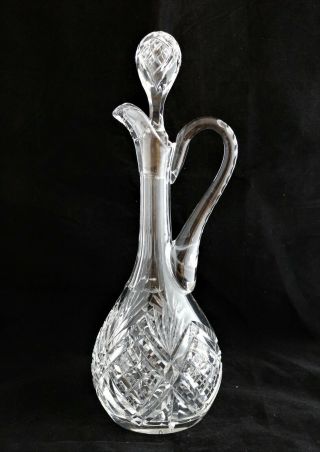 Antique Cut Glass Crystal Handled Wine Decanter Ewer With Stopper