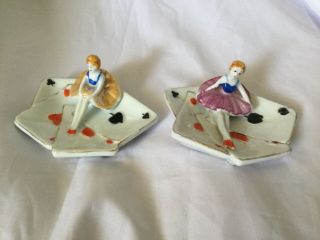 Pair Ceramic Art Deco Girls On Playing Card Dish.  Pin Trays Made In Japan