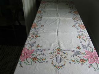 Vintage Large Tablecloth Hand Embroidered Floral Cross Stitch 5ft 10 " X 8ft 6 "