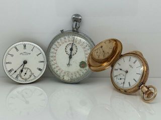Antique Elgin Deuber Pocket Watch - Waltham Movement - Gallet Stop Watch - Parts