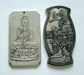 Two Chinese Scroll Weights / Plaques Buddha & Flying Bird.  Quality (79)