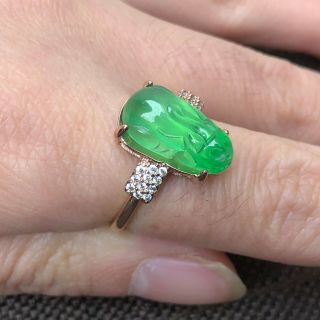 Rare Natural Green Jadeite Jade Handwork Collectible Chinese Pi Xiu No.  7 - 12 Ring