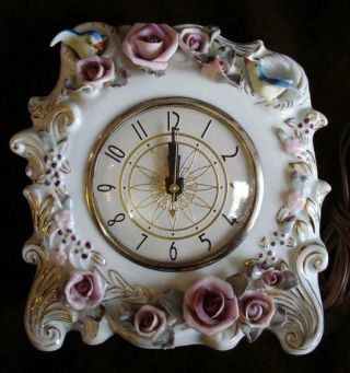 Antique Porcelain Lanshire Clock Electric Roses Bluebirds Made In Occupied Japan